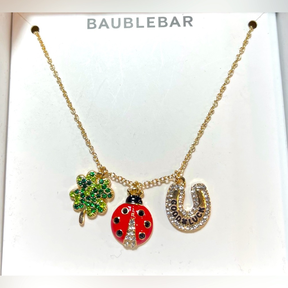 BaubleBar "Lady Luck" Necklace Goldtone Clover Ladybug Horseshoe